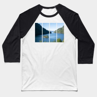 Wonderful landscapes in Norway. Beautiful scenery of a island with a red house on the Lovrafjorden fjord. Mountains with snow in background. Sunny day Baseball T-Shirt